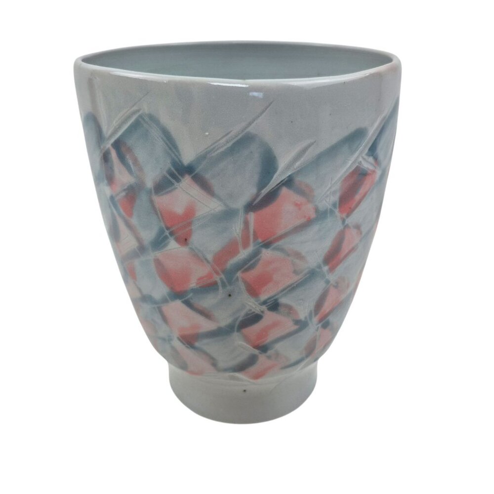 DeMerich Blomdahl Studio Pottery Vase Blue Pink Geometric Signed Vintage